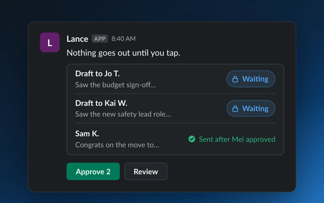 Lance in Slack: drafts to Jo T. and Kai W. wait for a tap, and the message to Sam K. went out only after Mei approved it. Nothing goes out to LinkedIn until someone on the team approves it.