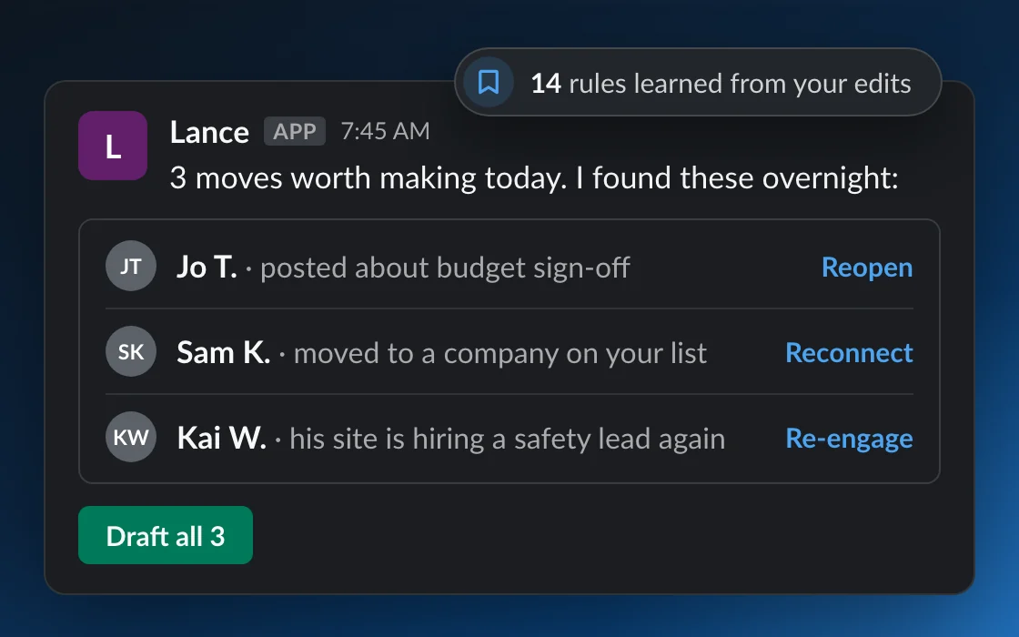Lance posts 3 moves he found overnight without being asked: reopen Jo T., reconnect with Sam K. and re-engage Kai W., next to a note that he has learned 14 rules from your edits.