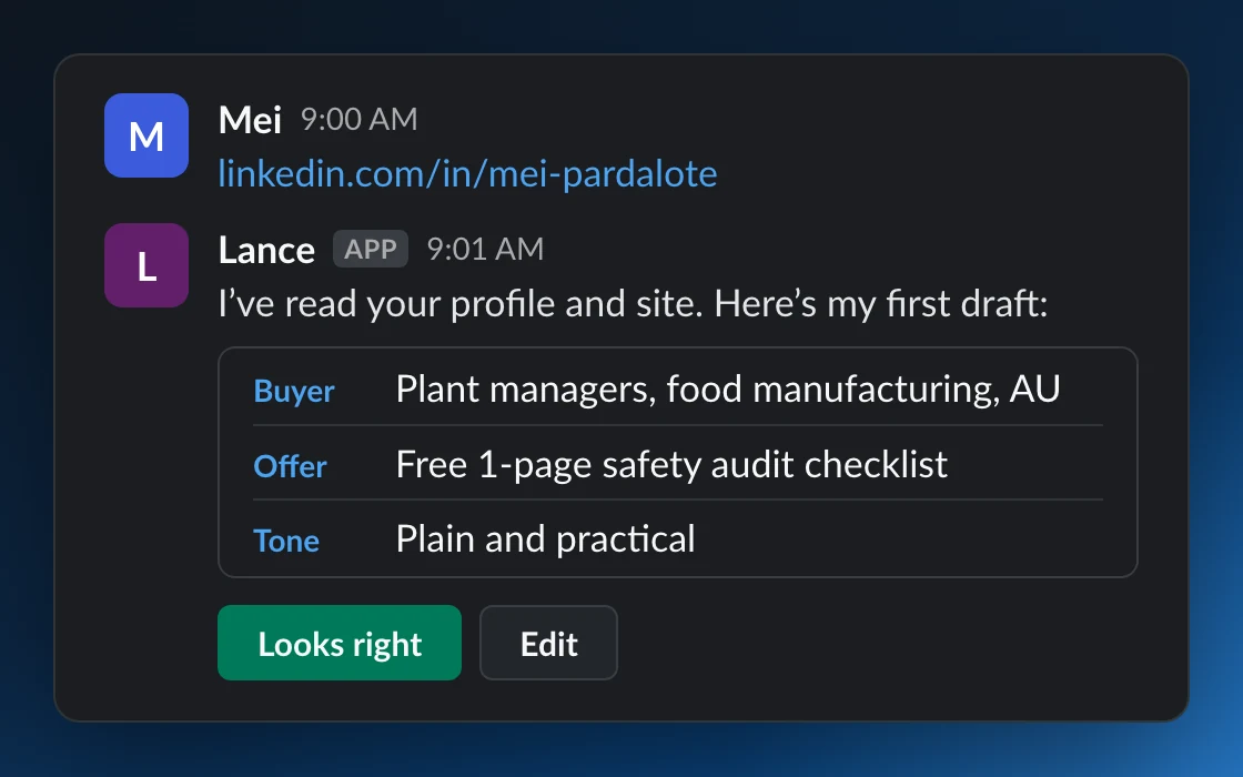 Mei pastes her LinkedIn URL in Slack and Lance replies with a first draft of her ideal buyer, offer and tone.