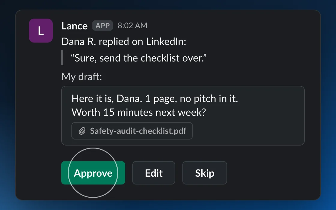 Lance brings Dana R.’s LinkedIn reply into Slack with his draft, the audit checklist attached, and Approve, Edit and Skip buttons.